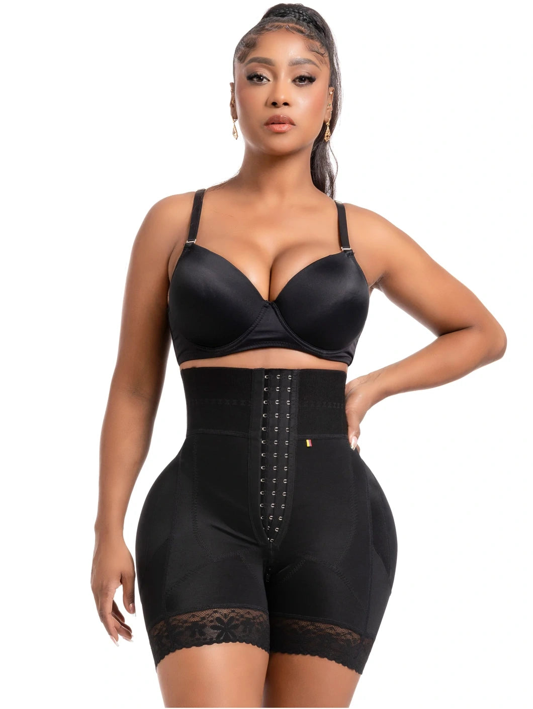 Front view of black high-waisted BBL faja short with hooks